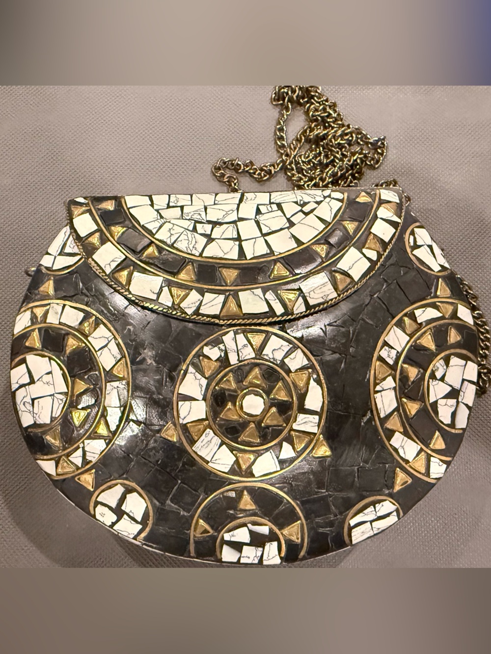Round Mosaic Crossbody Bag in Black, White & Gold
